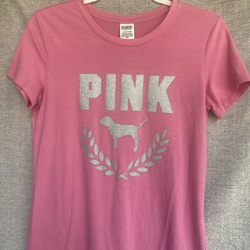 Victoria's Secret PINK T-Shirt Top S Bling Everyday Tee Pink Glitter Logo Dog